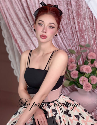 Le Palais  50s classic pink and black contrast bow cinched waist Dress-WENDY