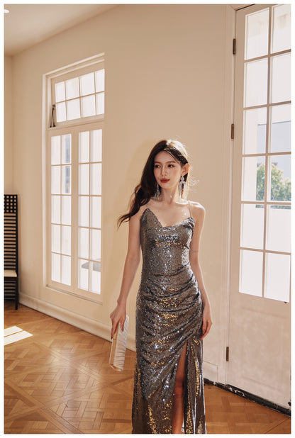DOLLY High End V-Neck Sleeveless Long Slit Sequin Body Hug Evening Dress-KIM