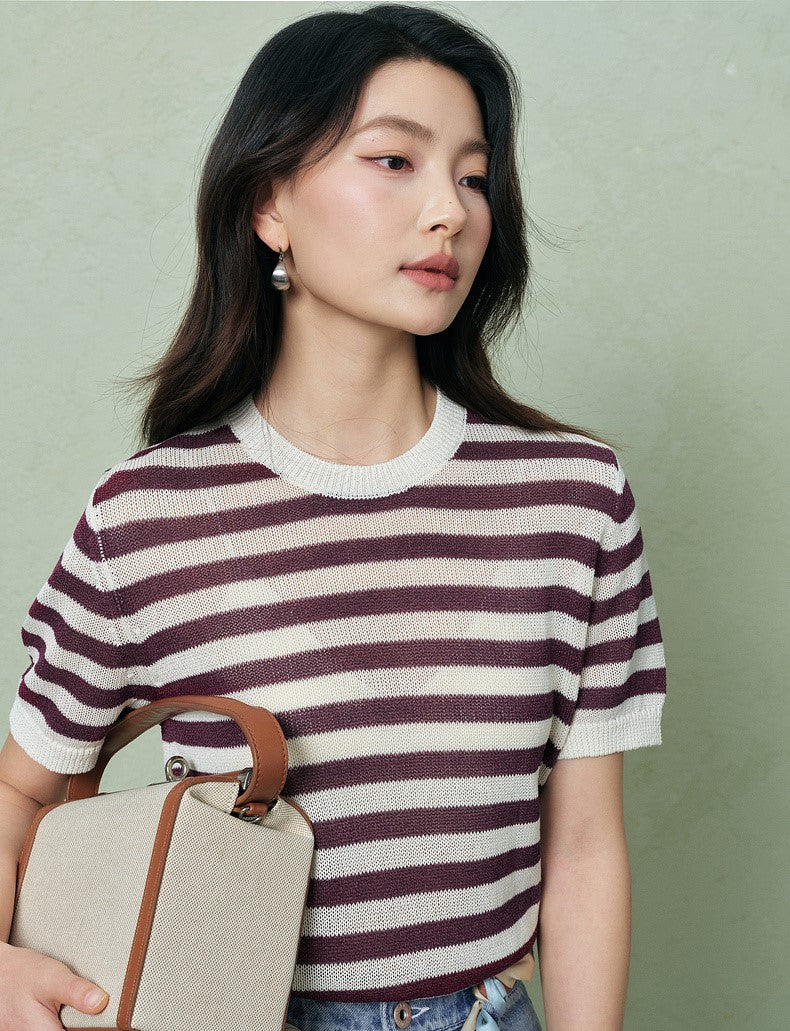 SUSHE light hollow texture striped short-sleeved knit sweater new stretch loose top -BESS