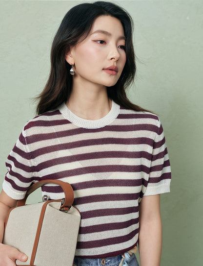 SUSHE light hollow texture striped short-sleeved knit sweater new stretch loose top -BESS