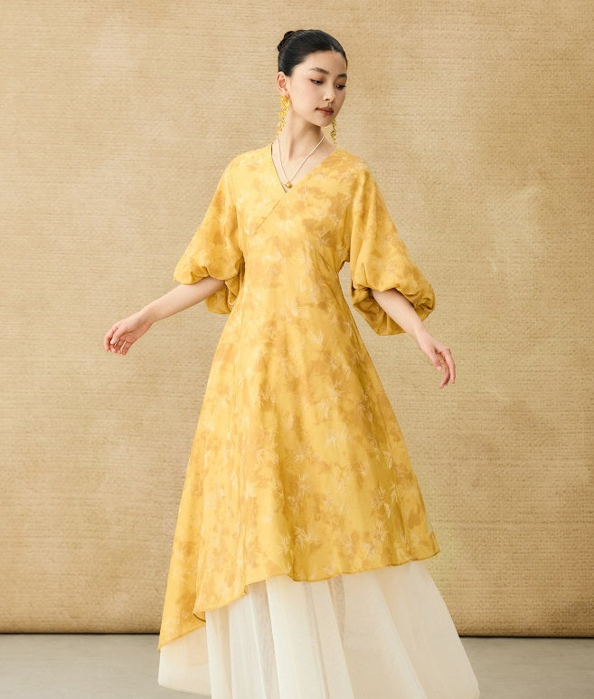 HECO Chinese V-Neck Waist Summer Elegant Floral Stitched Mesh dress - TULIP .