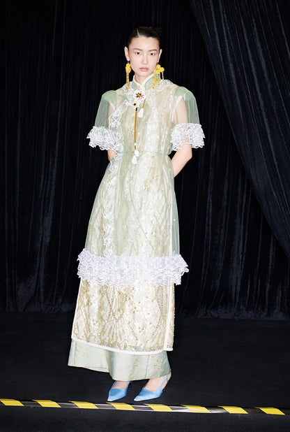 M essential Mackay designer Ear Mesh lace welt stand-up collar dress - DOUNT.