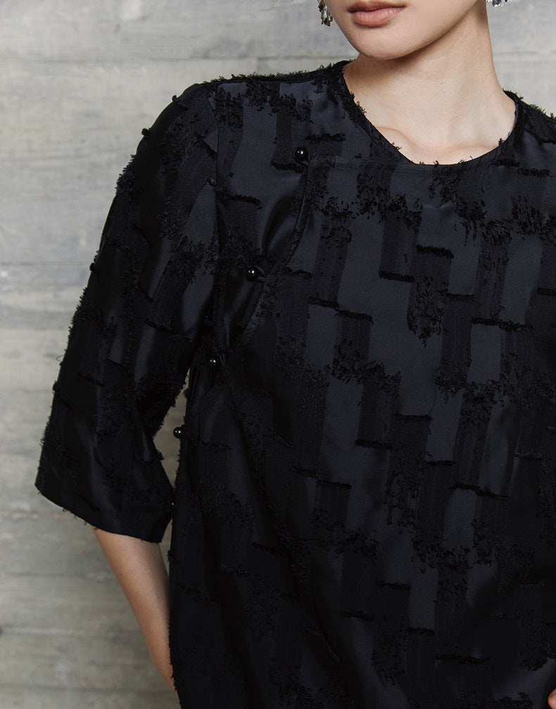 HECO Round Neck Square Tassel Design Texture Shirt Top Women - reign.