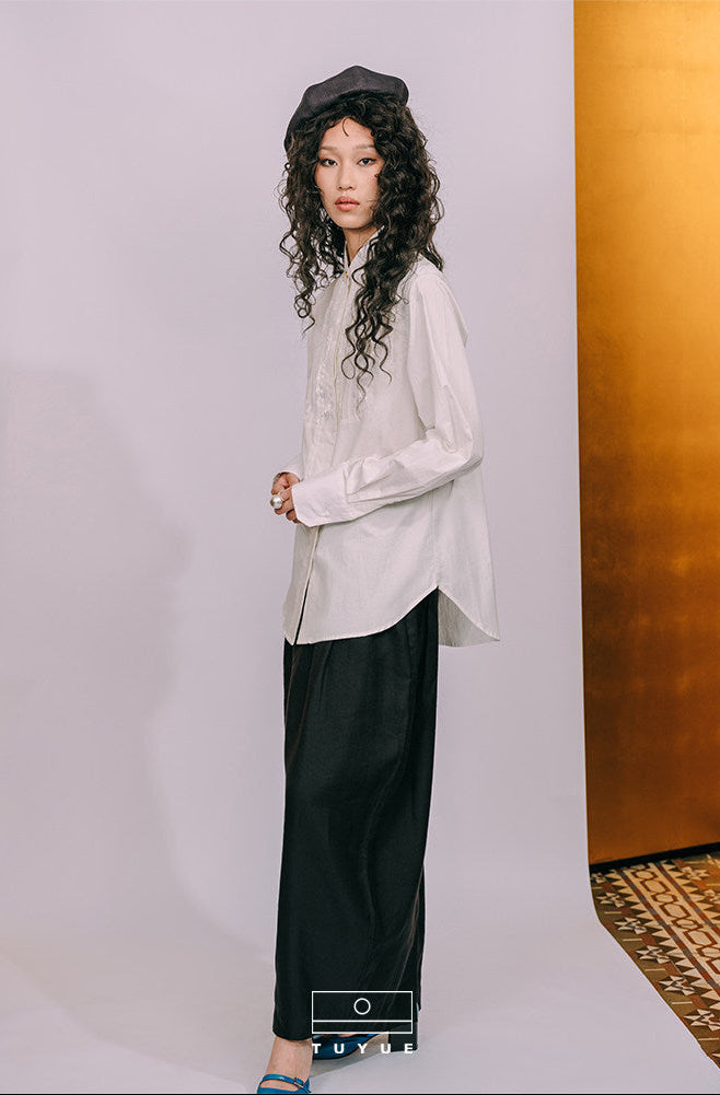 TUYUE White Jacquard Pleats Stand-up Collar Long-sleeved Shirt- JINN.