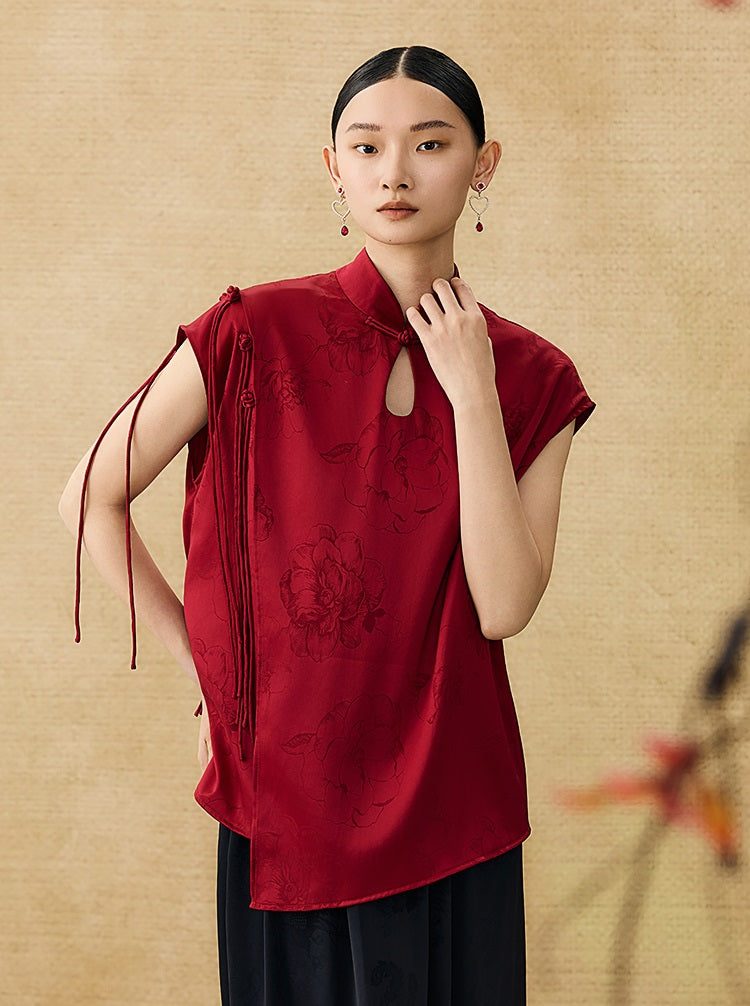 HECO Chinese Peony Buckle Short Sleeve Acetate Tassel Top - TEACH .