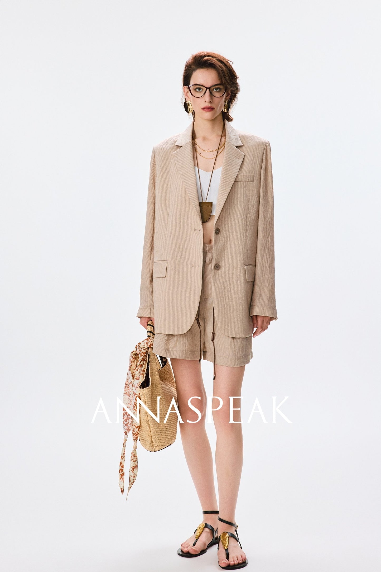 ANNASPEAK pearl gloss texture suit drawstring shorts-GRANS.