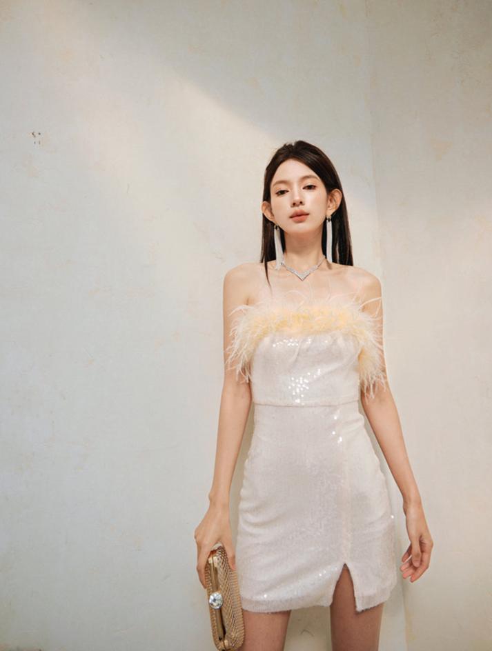 DOLLY High End Off White Feather Tube Top Sequin Short Slit Party Dress-PANTI