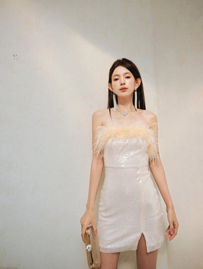 DOLLY High End Off White Feather Tube Top Sequin Short Slit Party Dress-PANTI