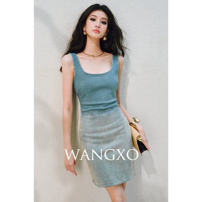 WANGXO |Long-Staple Cotton Neckline and Waist-Cinched Cropped Denim Dress -LANA