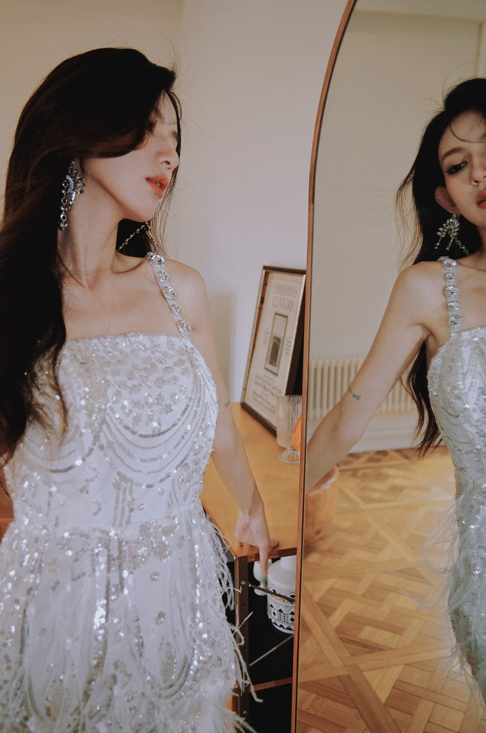 DOLLY Luxury White French Style Sleeveless Sequin Embroidered Long Slit Party Dress-Dalia