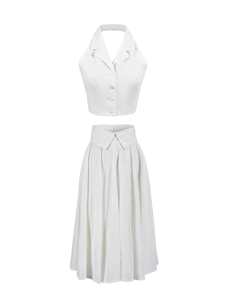 Le Palais Vintage Elegant Pure White Cotton and Linen Halter neck Vest High Waist Swing Skirt-MIA