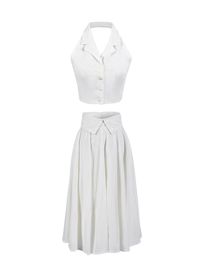 Le Palais Vintage Elegant Pure White Cotton and Linen Halter neck Vest High Waist Swing Skirt-MIA