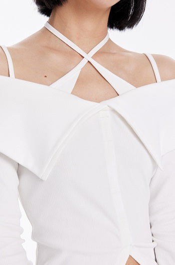 TINY IN crossover off-the-shoulder large lapel knitted long sleeve cut-out top-YOMI