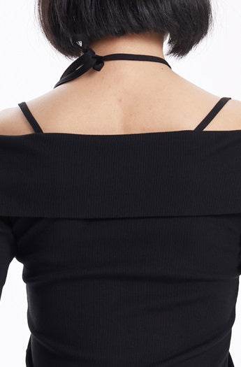 TINY IN crossover off-the-shoulder large lapel knitted long sleeve cut-out top-YOMI