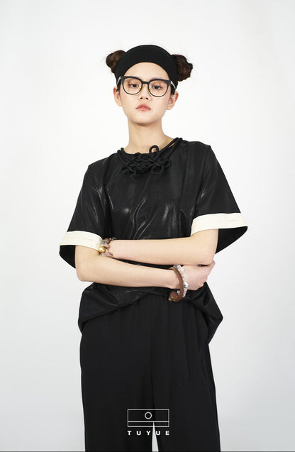 TUYUE Glossy Loose Crimp Short Sleeve Casual T-shirt - MABEL.