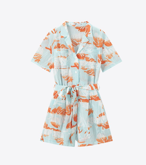 COMME MOI  summer beach print belt design jumpsuit - ISABEL.