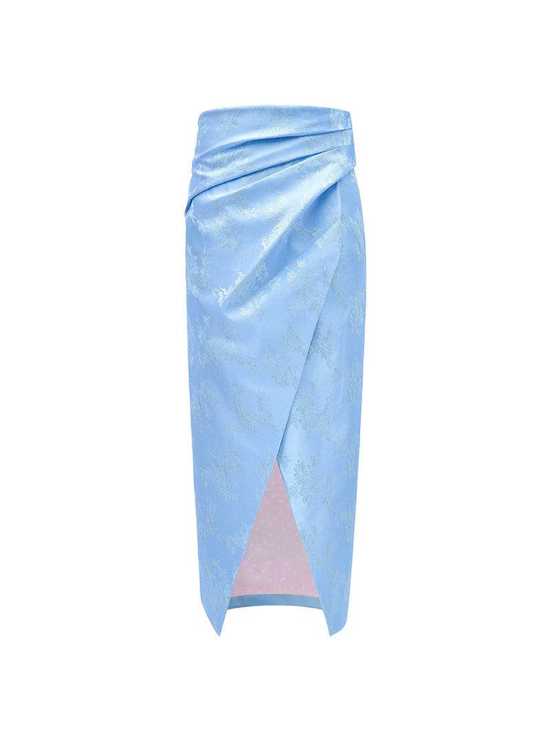 M essential Mackay designer blue Jacquard jumper-cut waist crop top slit skirt set - Janet