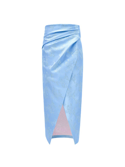 M essential Mackay designer blue Jacquard jumper-cut waist crop top slit skirt set - Janet