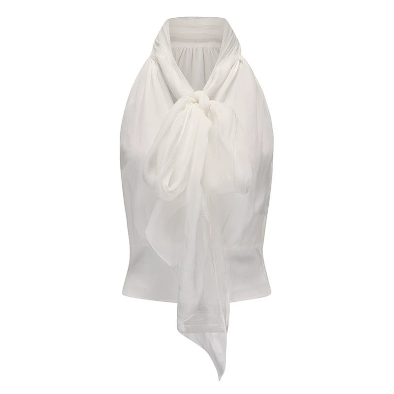 ATELIER MISS LU Long Streamer Design Mulberry Silk Shaved Shoulder Top - YAWEH