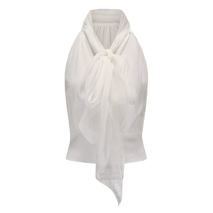 ATELIER MISS LU Long Streamer Design Mulberry Silk Shaved Shoulder Top - YAWEH