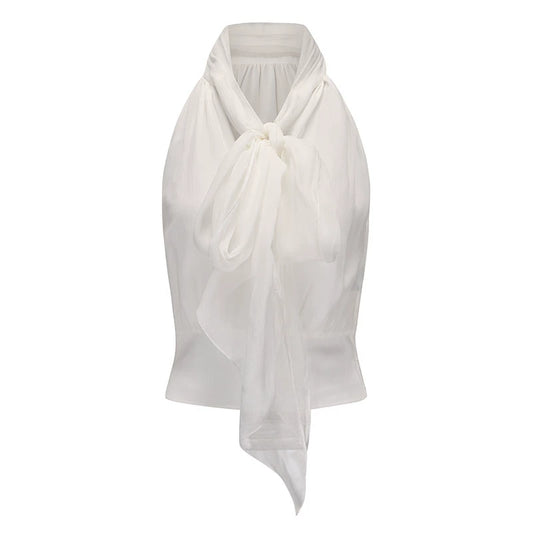 ATELIER MISS LU Long Streamer Design Mulberry Silk Shaved Shoulder Top - YAWEH