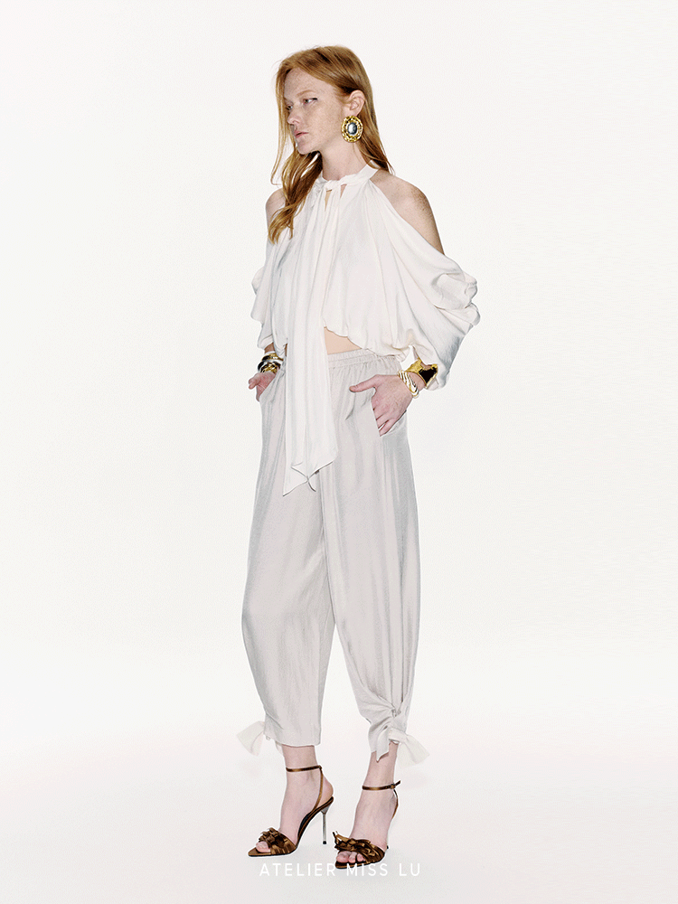 ATELIER MISS LU Bow Embellished Cinched Acetate Tapered Pants - VELVET.