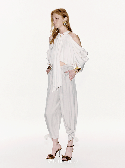 ATELIER MISS LU Bow Embellished Cinched Acetate Tapered Pants - VELVET.