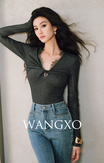 WANGXO | Sprinkled Silver Knit Lace Inlay with Twisted Pleated V-Neck Top- SIA.