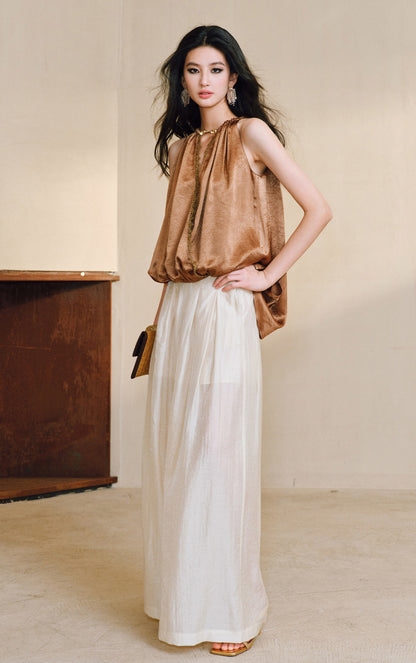 WANGXO| Acetate  Lace-Trimmed Metal Chain Halterneck V-Neck Pleated Top -AYRA.
