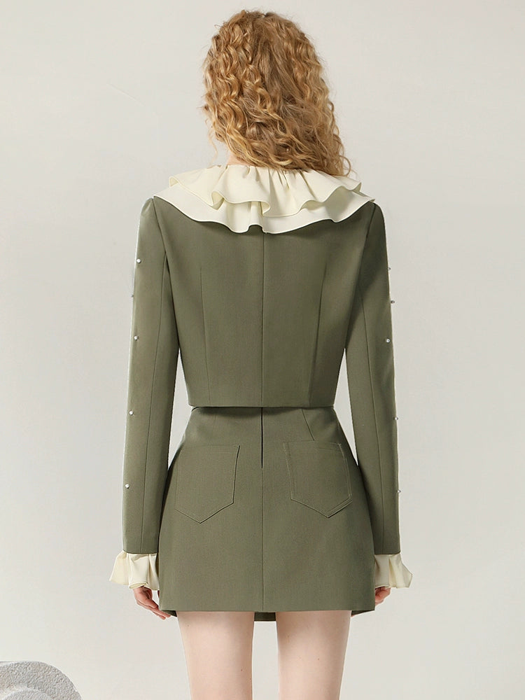 CHECOCRE Elegant Romantic Casual Ruffle Design Olive Green Mini Skirt Suit Set  - DANIEL
