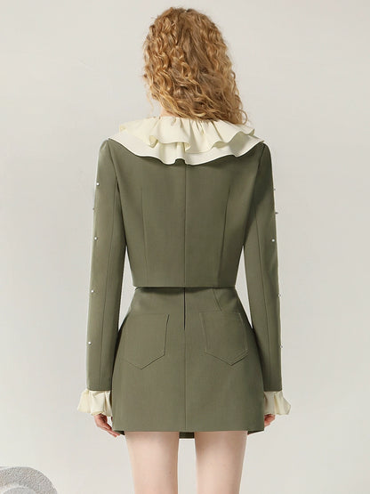 CHECOCRE Elegant Romantic Casual Ruffle Design Olive Green Mini Skirt Suit Set  - DANIEL