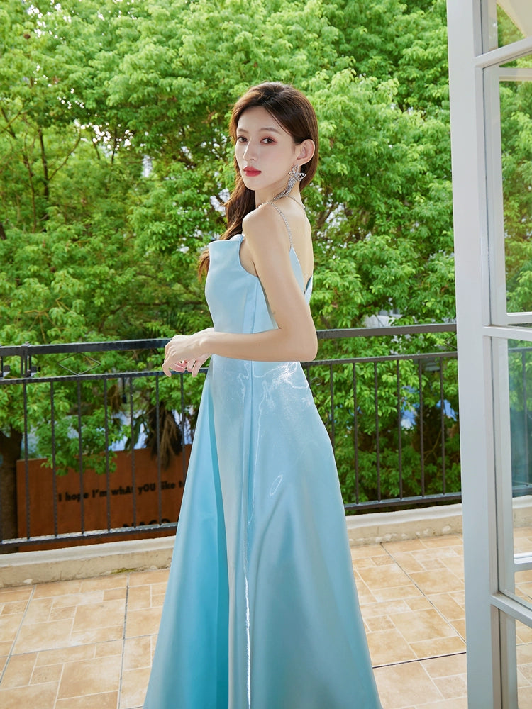 DOLLY High End Blue Off Shoulder Sleeveless Long Suspender Banquet Dress-AGATHA