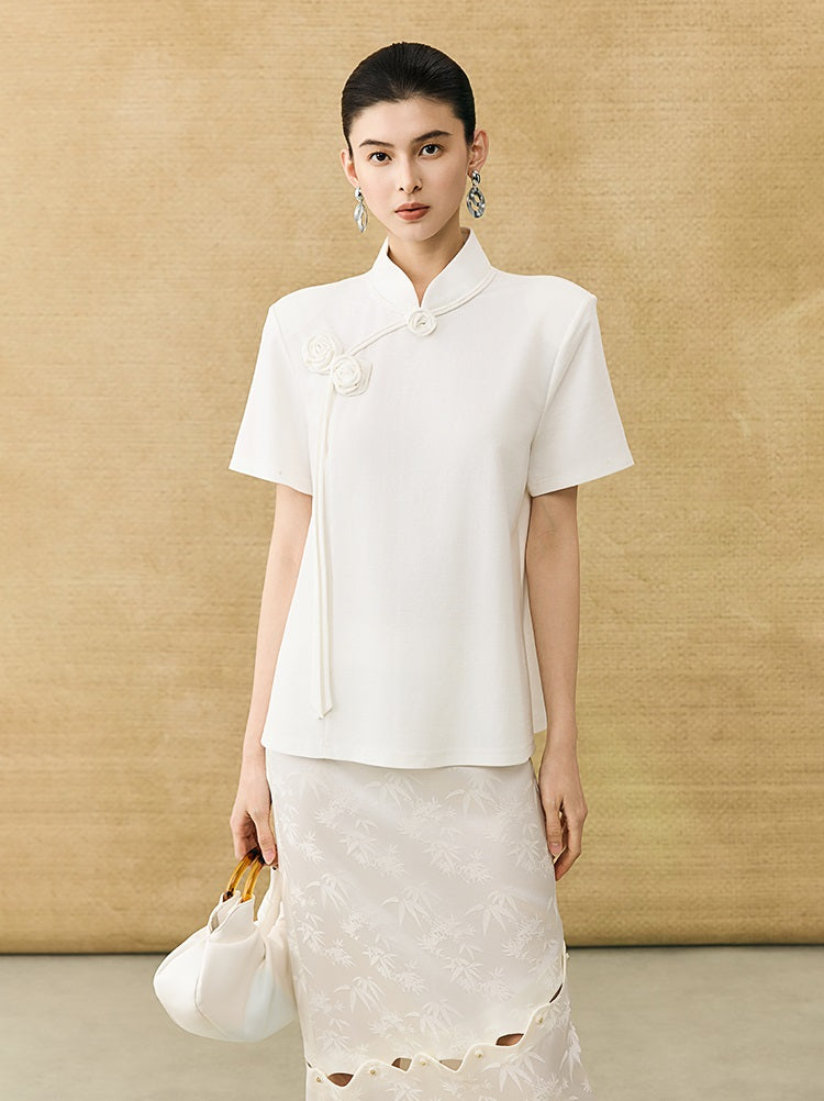 HECO Chinese Handmade Rose Tassel Short Sleeve T-Shirt  - GRADE.