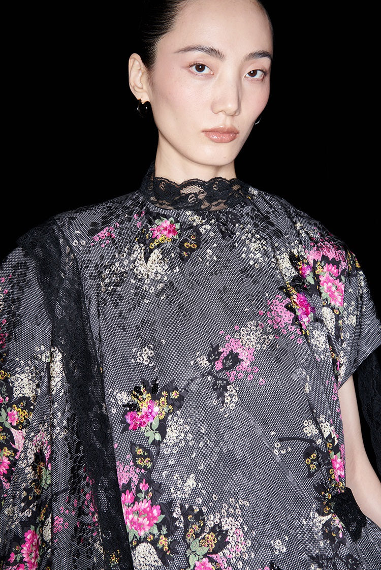 M essential Mackay designer cherry blossom print beaded asymmetrical dress - WORDS.