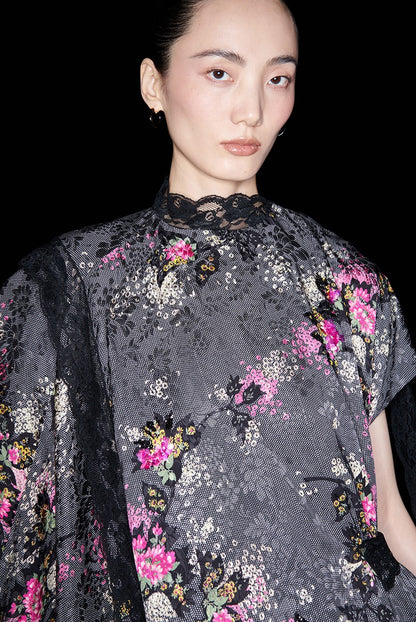 M essential Mackay designer cherry blossom print beaded asymmetrical dress - WORDS.