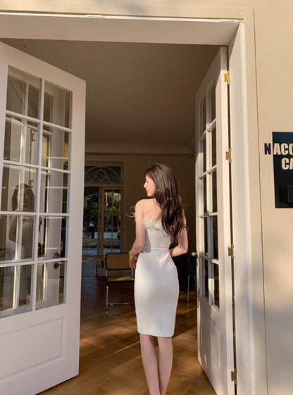 DOLLY Elegant Off Shoulder Feather Tube Top Slim Fit Dinner Date Dress-NANA