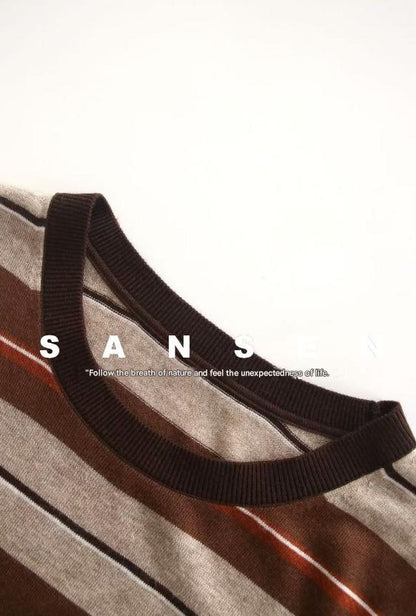 PIAOIN stripe design neutral loose long sleeve T-shirt silk wool knitwear spring-CIX