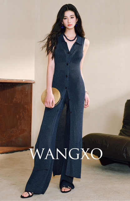 WANGXO Solaris Luxe Set Shaved Shoulder Cardigan & Wide-Leg Knit Pants - MAVIS