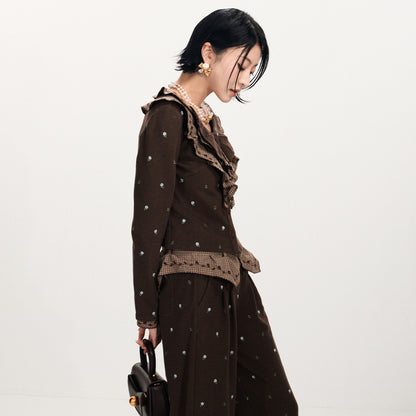 FAME Retro Style Three-Dimensional Embroidered Ruffle Leaf Plaid Collar Top - MIA.