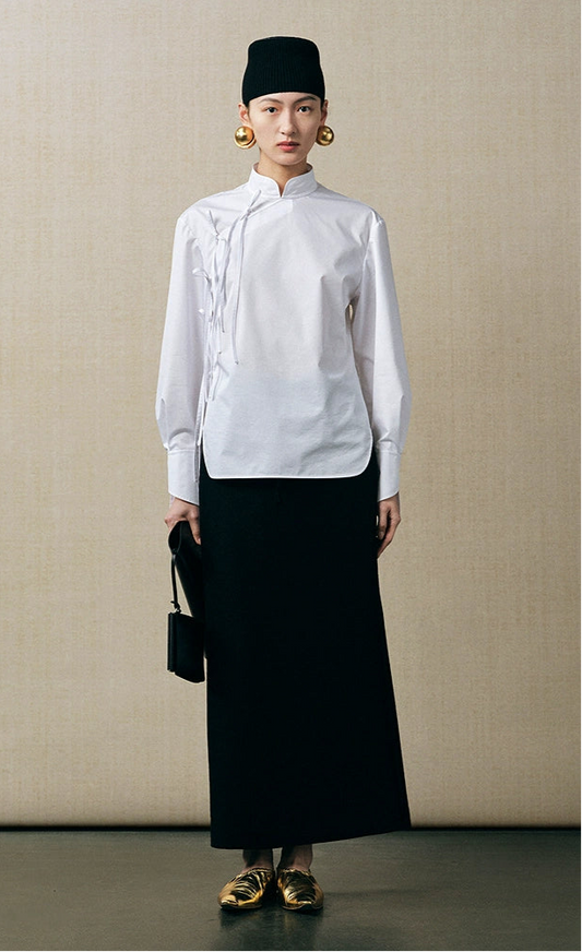 ZHUCHONGYUN Chinese diagonal strap long-sleeved white shirt -EJAE.