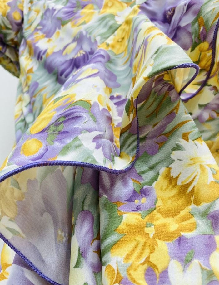 DOLLY Elegant Slant Collar Long Puff Sleeve Hollow Irregular Ruffled Hem Dress-KIERA