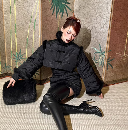 Le Palais Vintage Luxury Retro Black Cotton Short Fur Jacket + High Waist Skirt-Carla