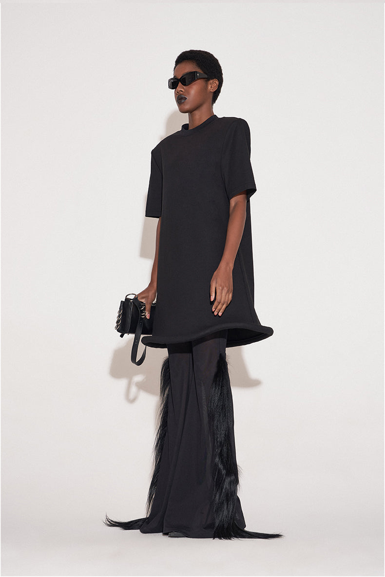 ANNAKIKI Black Saucer Hem Shoulder Padded Loose Dress-SHIRA