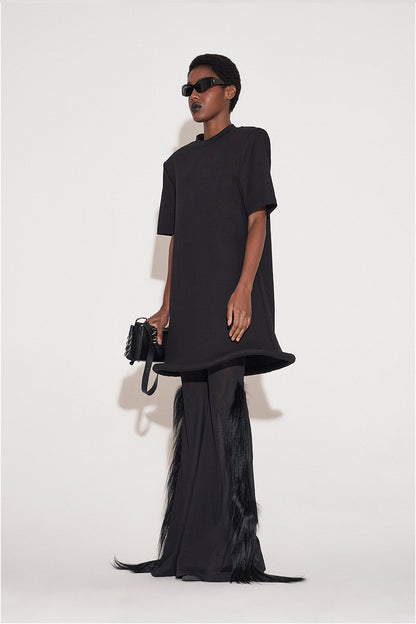 ANNAKIKI Black Saucer Hem Shoulder Padded Loose Dress-SHIRA