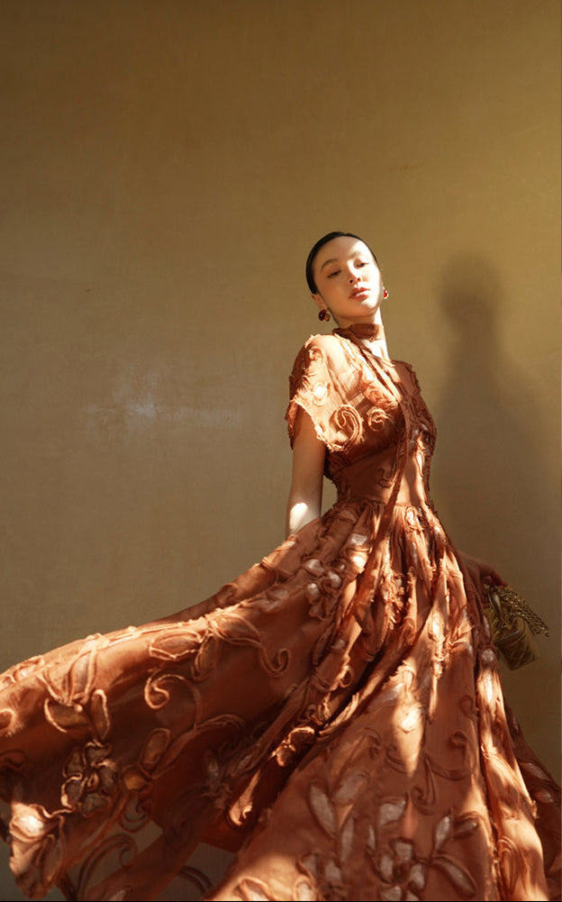 LE VENT&TES AILES Luxury French Disc Embroidered Sequin 3d Vintage brown Dress - LINA