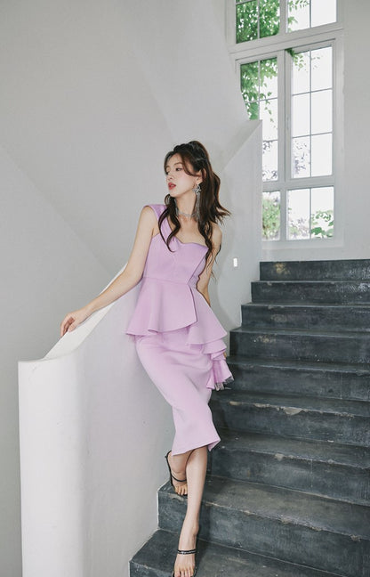 DOLLY High End Ruffled Fake Two Piece French Lace Off Shoulder Midi Office Dress-BRYONY