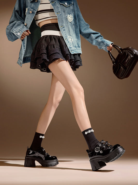 Pjjuu Black Jk Small Leather Women's Platform Height Increase Loafers - ROUND