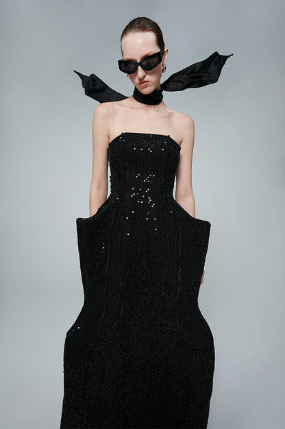 ANNAKIKI niche black beaded raw edge denim sleeveless dress-GUYTON