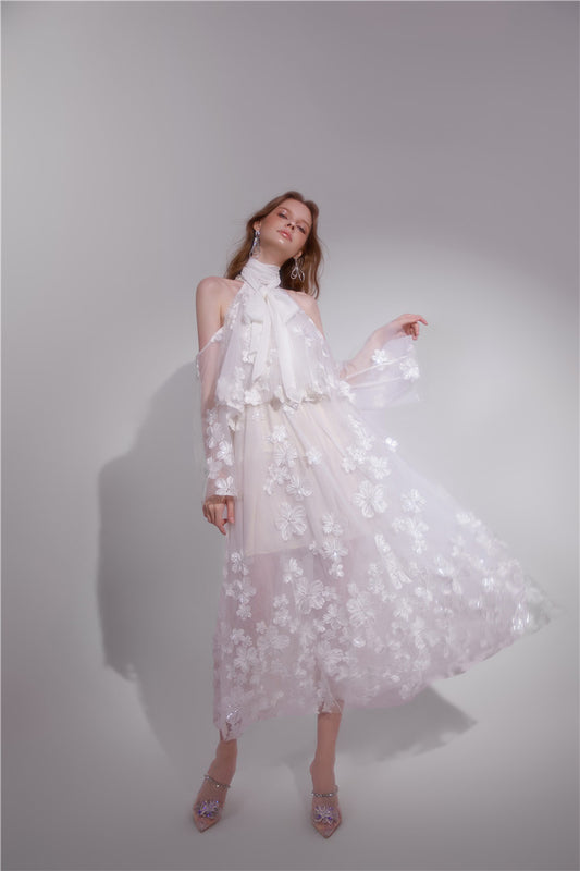 Wardrobes by Chen Luxury White Off Shoulder midi bridal  Wedding Lace Dressv-Sisi