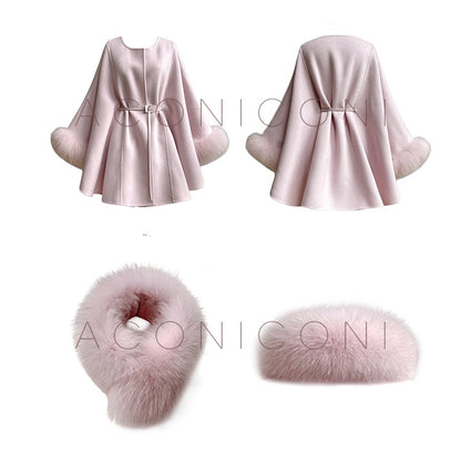 Aconiconi Winter pink wool cape fox fur sleeve double-sided coat-Sakura